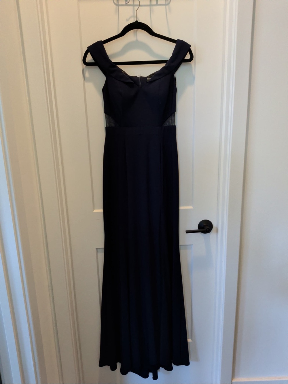Xscape Midnight Navy Off-Shoulder Mesh Panel Maxi Dress